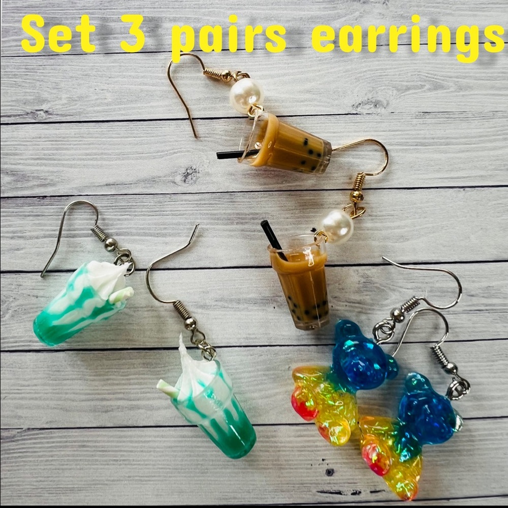 NEW WOMENS EARRINGS HAND MADE , TODDLER MILK ,ICE CREAM & Bear SET 3 PAIRS